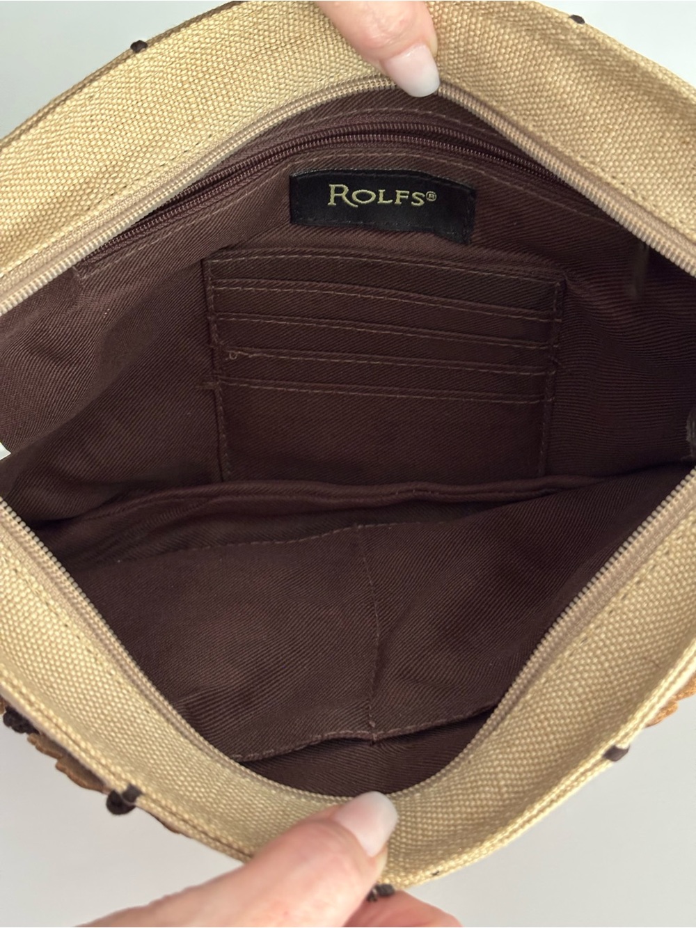 Rolfs Linen & Leather Floral Appliqué Shoulder Bag Boho - Picture 5 of 6